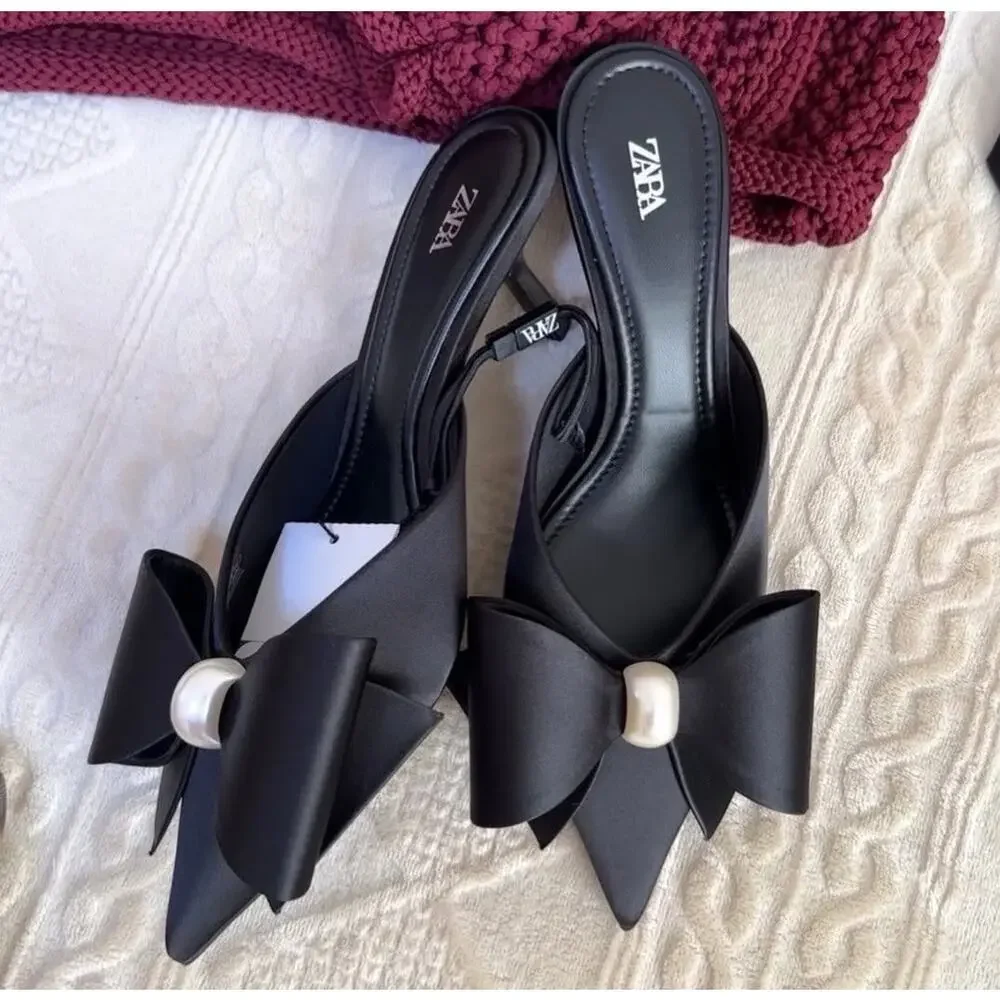 ZARA Black Satin Bow Pearl Slingback Heels NWT Pointed Toe Size 6.5